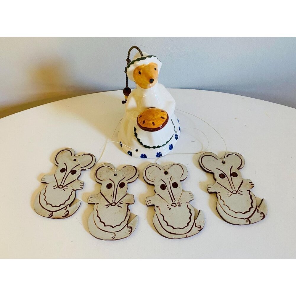 Vintage Miss Mouse Windchimes, Miss Mouse with Bonnet, Mouse with Pie Windchimes
